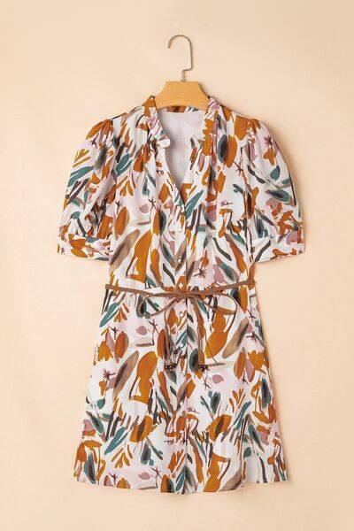 Printed Notched Short Sleeve Mini Dress