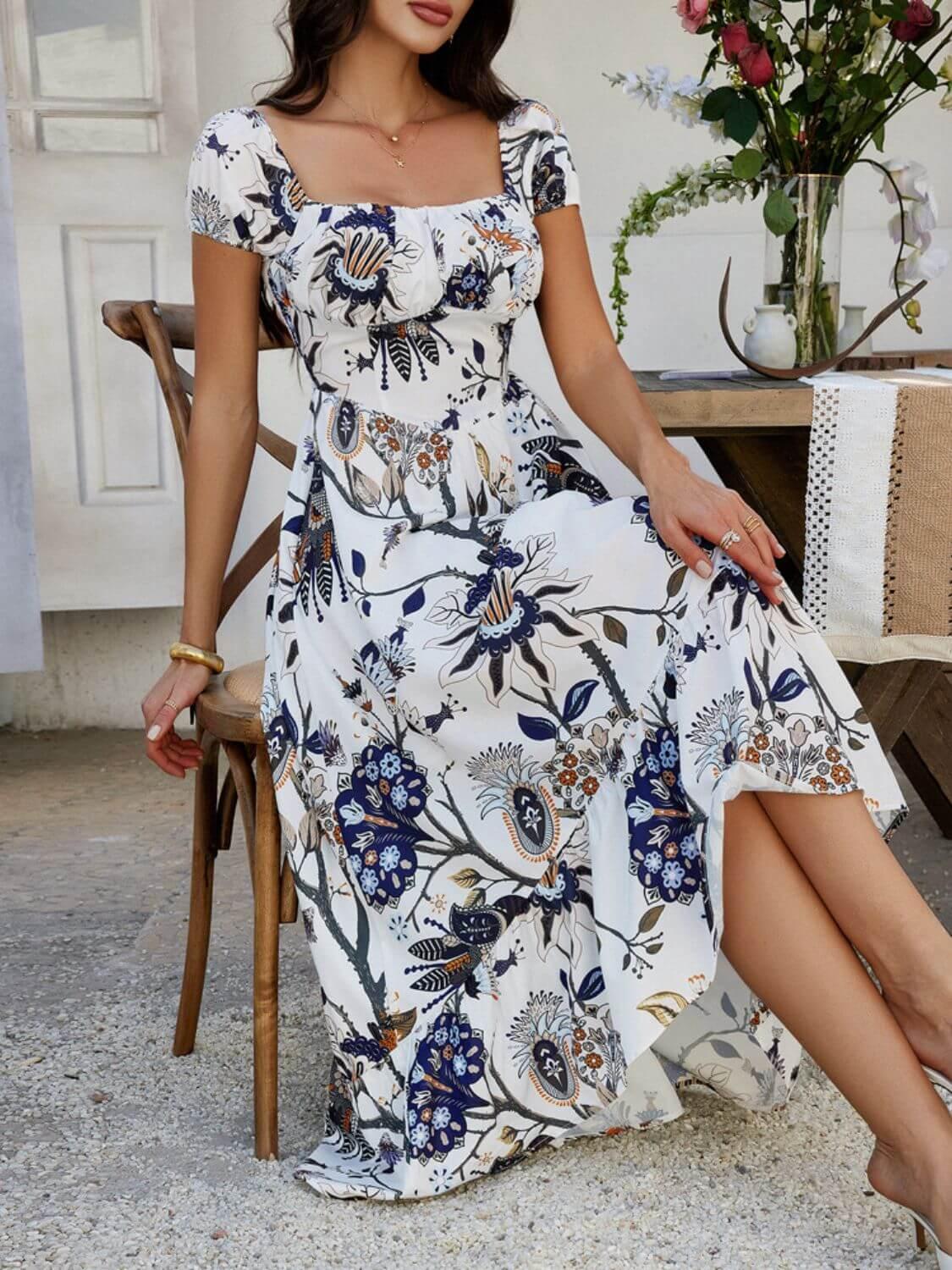 Devine Smocked Printed Short Sleeve Maxi Dress