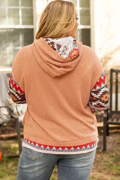 Plus Size Drawstring Geometric Long Sleeve Hoodie - Clothes For Her Online Store