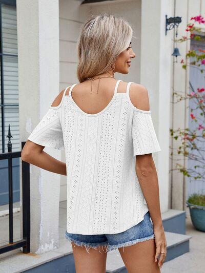 Florira Round Neck Cold Shoulder Eyelet T-Shirt