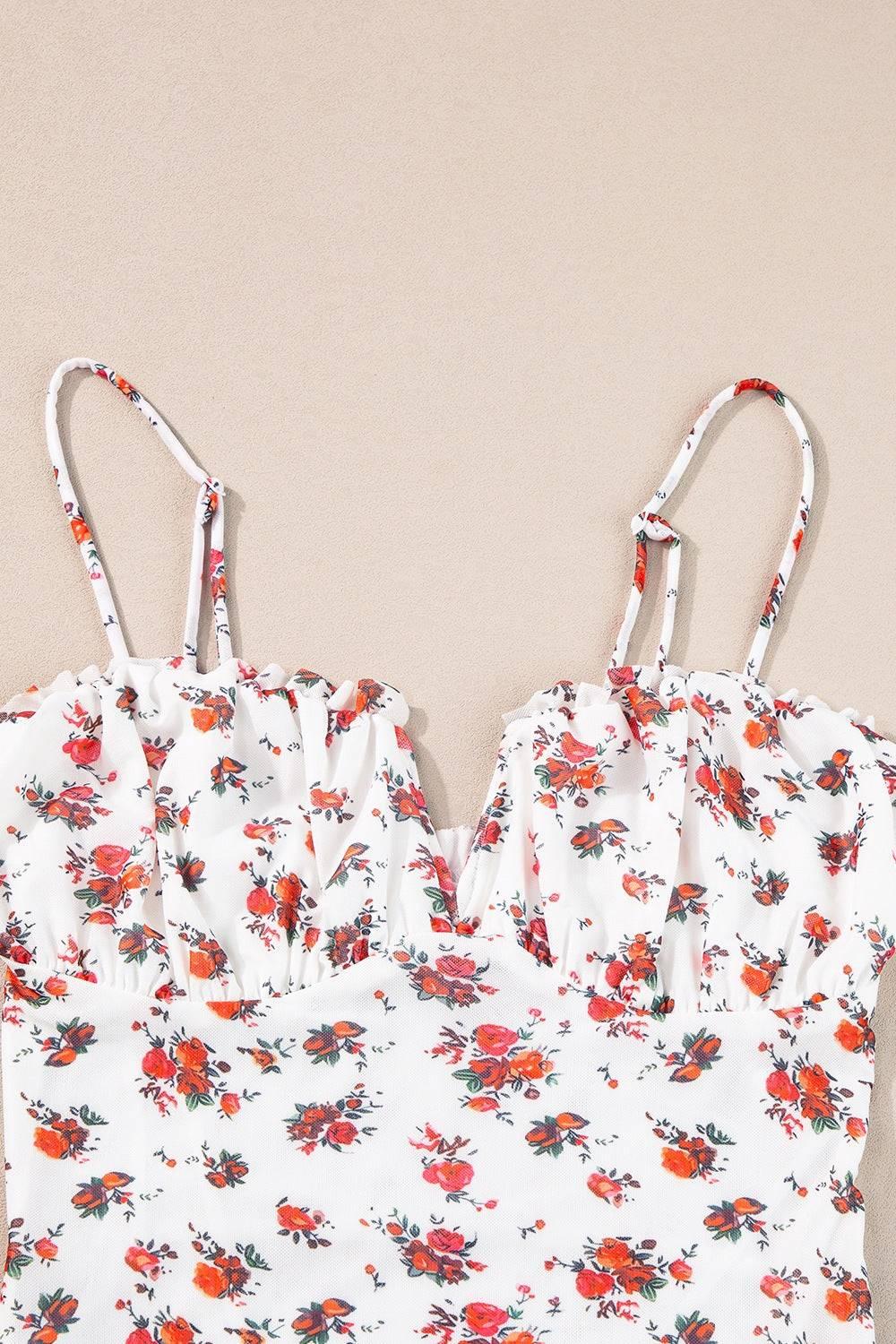 Floral Frilled Trim Spaghetti Straps Bodysuit