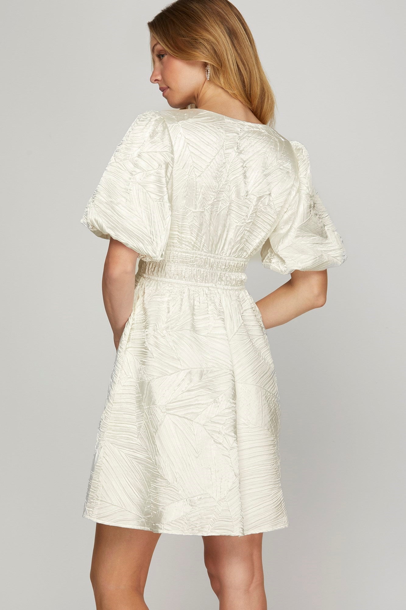 She + Sky Crinkle Woven V-Neck Balloon Sleeve Mini Dress - Clothes For Her Online Store