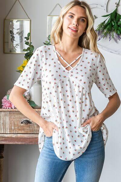 Heimish Full Size Crisscross Ditsy Floral Babydoll Top Plus Size