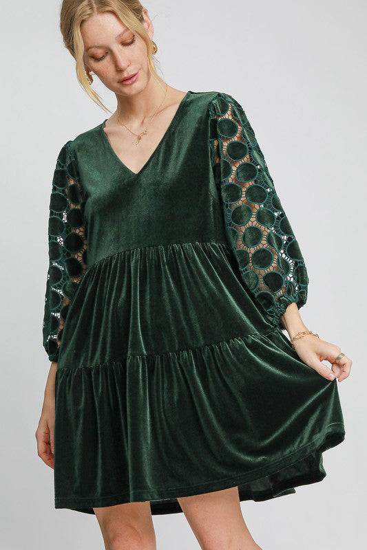 Umgee Dotted Lace Sleeve Tiered Velvet Mini Dress - Clothes For Her Online Store