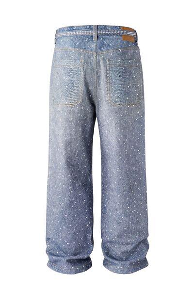 Men's Washed Rhinestone Jeans with Rhinestone Belt