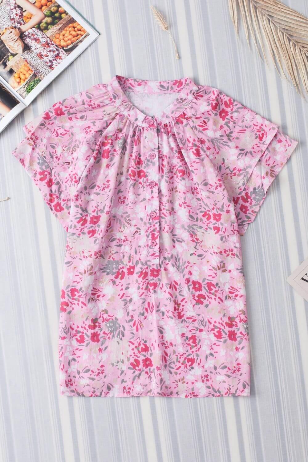 Floral Half Button Round Neck Short Sleeve Blouse