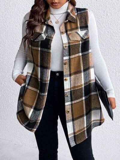 Honey Plus Size Pocketed Plaid Button Up Vest Coat - Clothes For Her Online Store