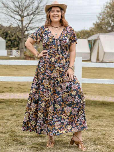 Plus Size Tied Printed Short Sleeve Midi Dress