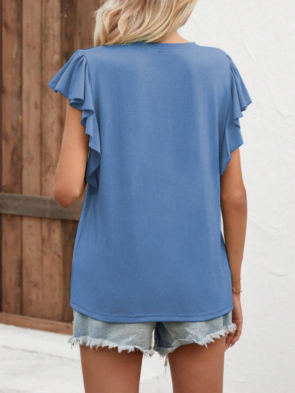 Full Size Ruffled Notched Cap Sleeve T-Shirt - Clothes For Her Online Store