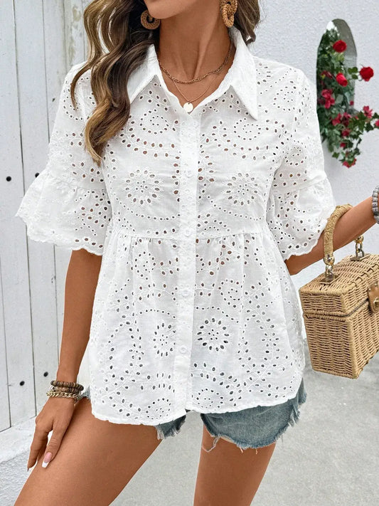 Eyelet Solid Collared Neck Half Sleeve Shirt