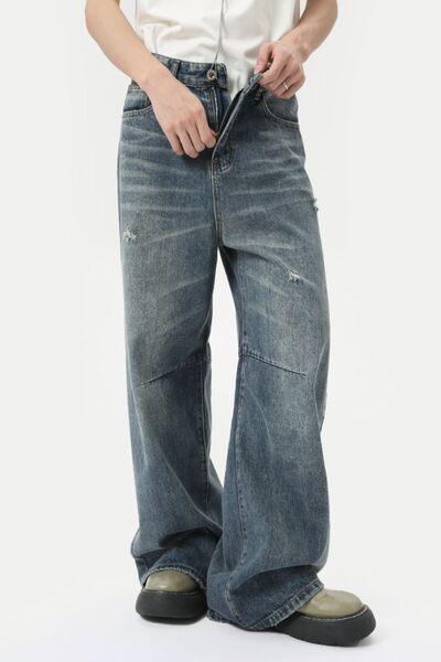 Distressed Wide Leg Men's Jeans with Pockets