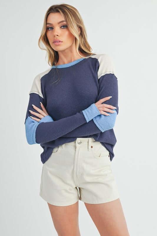 Aemi + Co Raw Seam Color Block Round Neck Knit Top