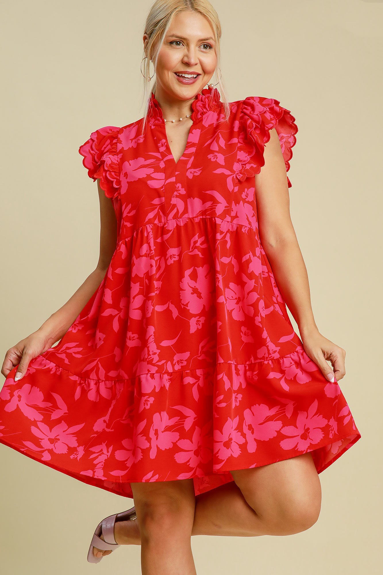 Umgee Full Size Two Tone Floral Print Ruffle Cap Sleeve Mini Dress Plus Size - Clothes For Her Online Store