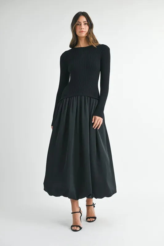 MABLE Ribbed Poplin Mix Midi Sweater Dress