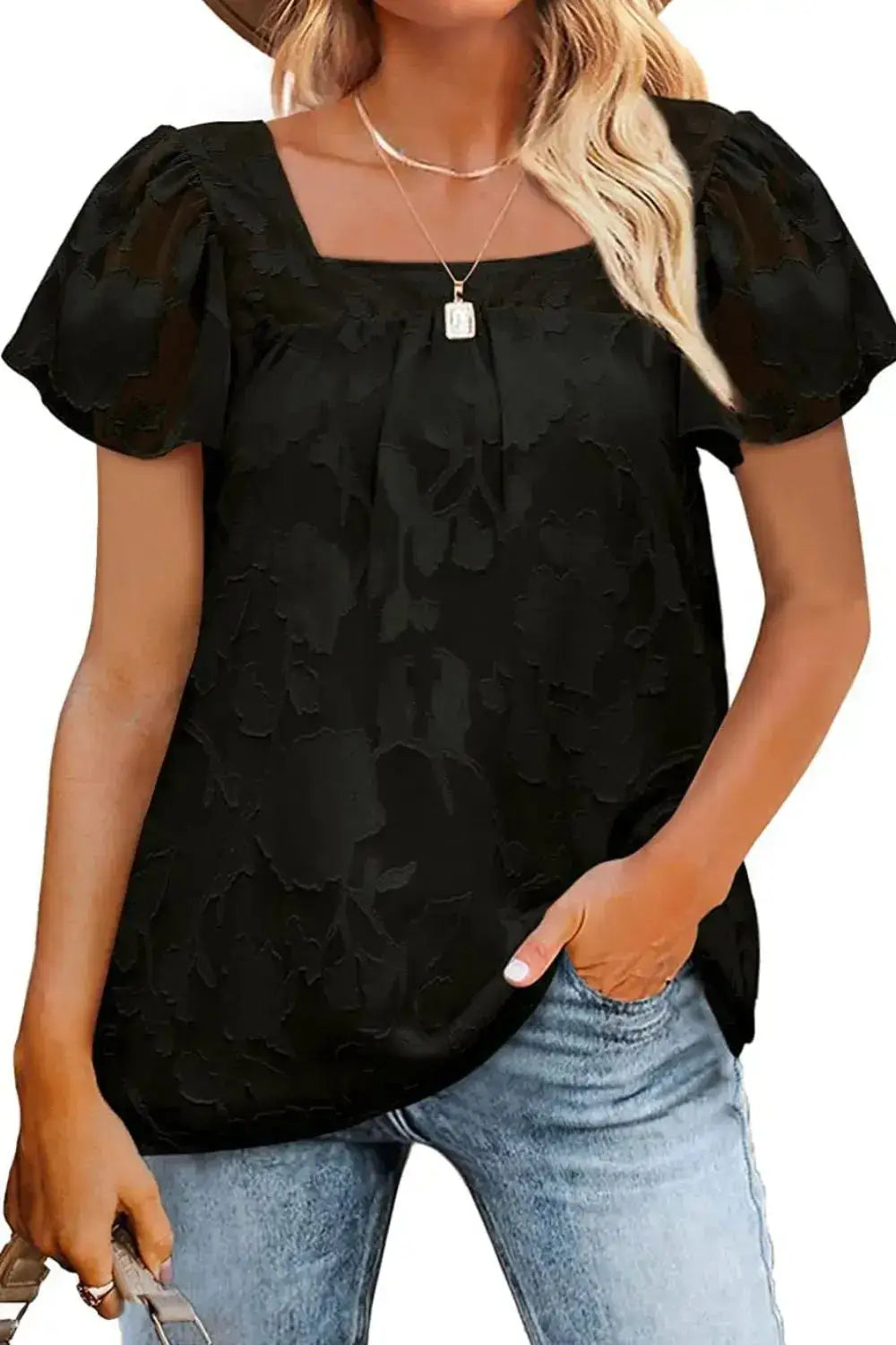 Square Neck Short Sleeve Blouse - Clothes For Her Online Store