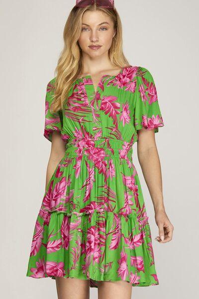 She + Sky Full Size Printed Notched Short Sleeve Frill Tiered Dress Plus Size