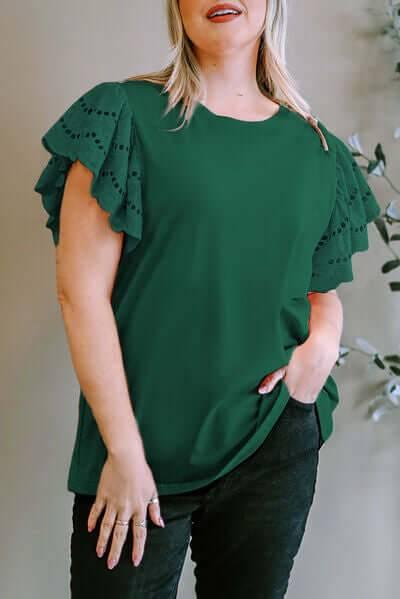 Plus Size Eyelet Round Neck Short Sleeve Blouse - Clothes For Her Online Store
