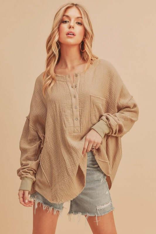 Aemi + Co Exposed Seam Raw Hem Half Button Top