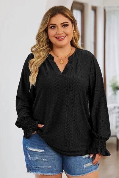Plus Size Eyelet Notched Flounce Sleeve Blouse - Clothes For Her Online Store