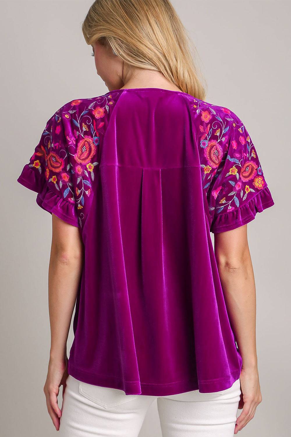 Umgee Full Size Velvet Embroidery Short Sleeve Blouse - Clothes For Her Online Store