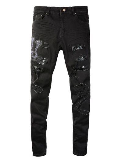 Men's Washed Snake Embroidered Slim Jeans - Clothes For Her Online Store
