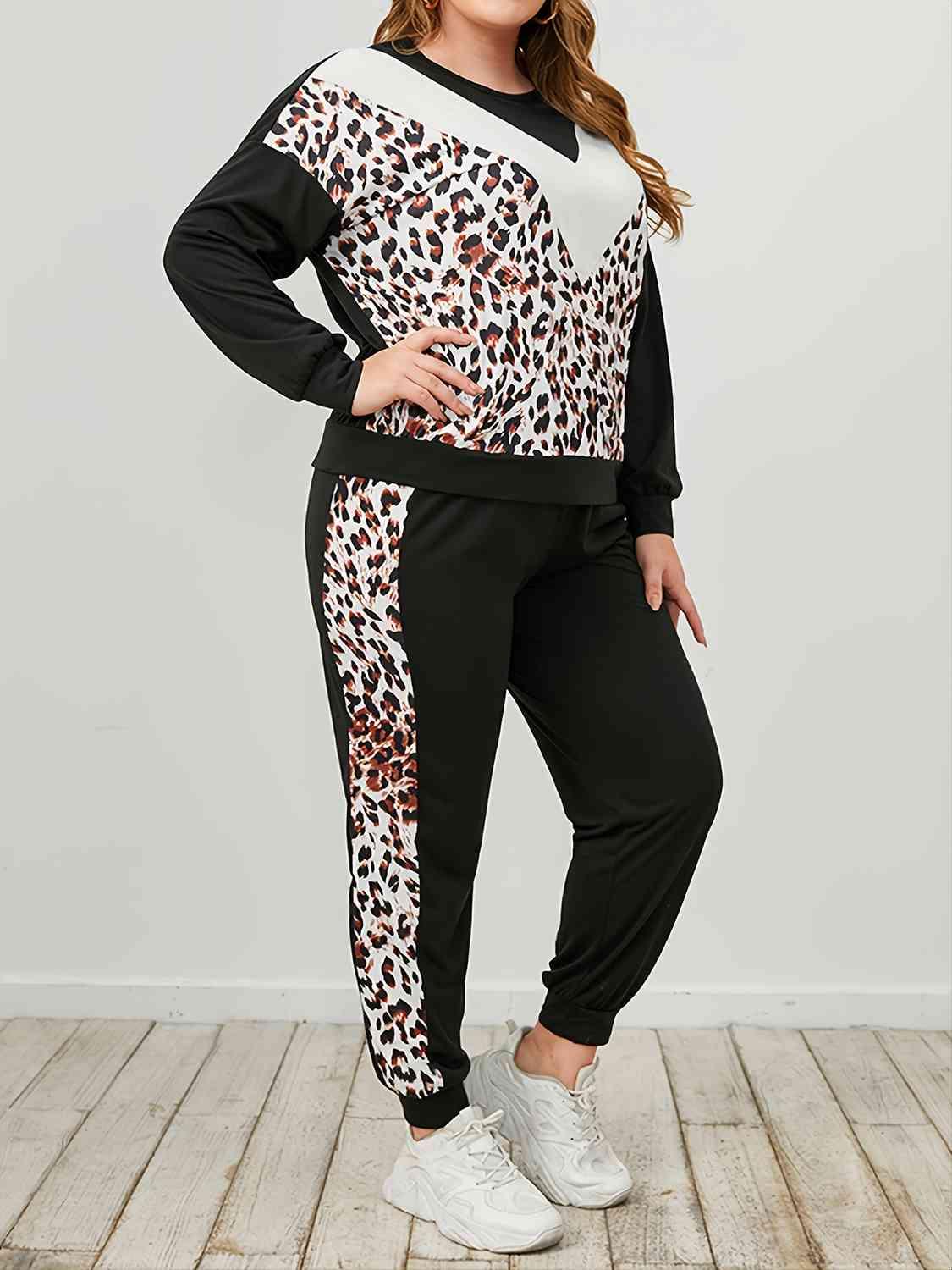 Plus Size Leopard Sweatshirt and Sweatpants Set - Clothes For Her Online Store