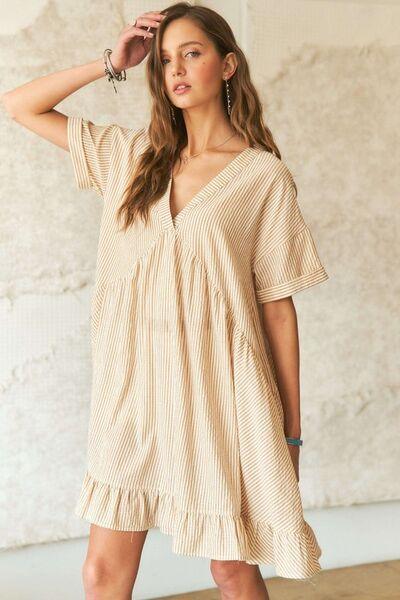 ADORA Ruffled Hem Striped V-Neck Babydoll Dress - Clothes For Her Online Store