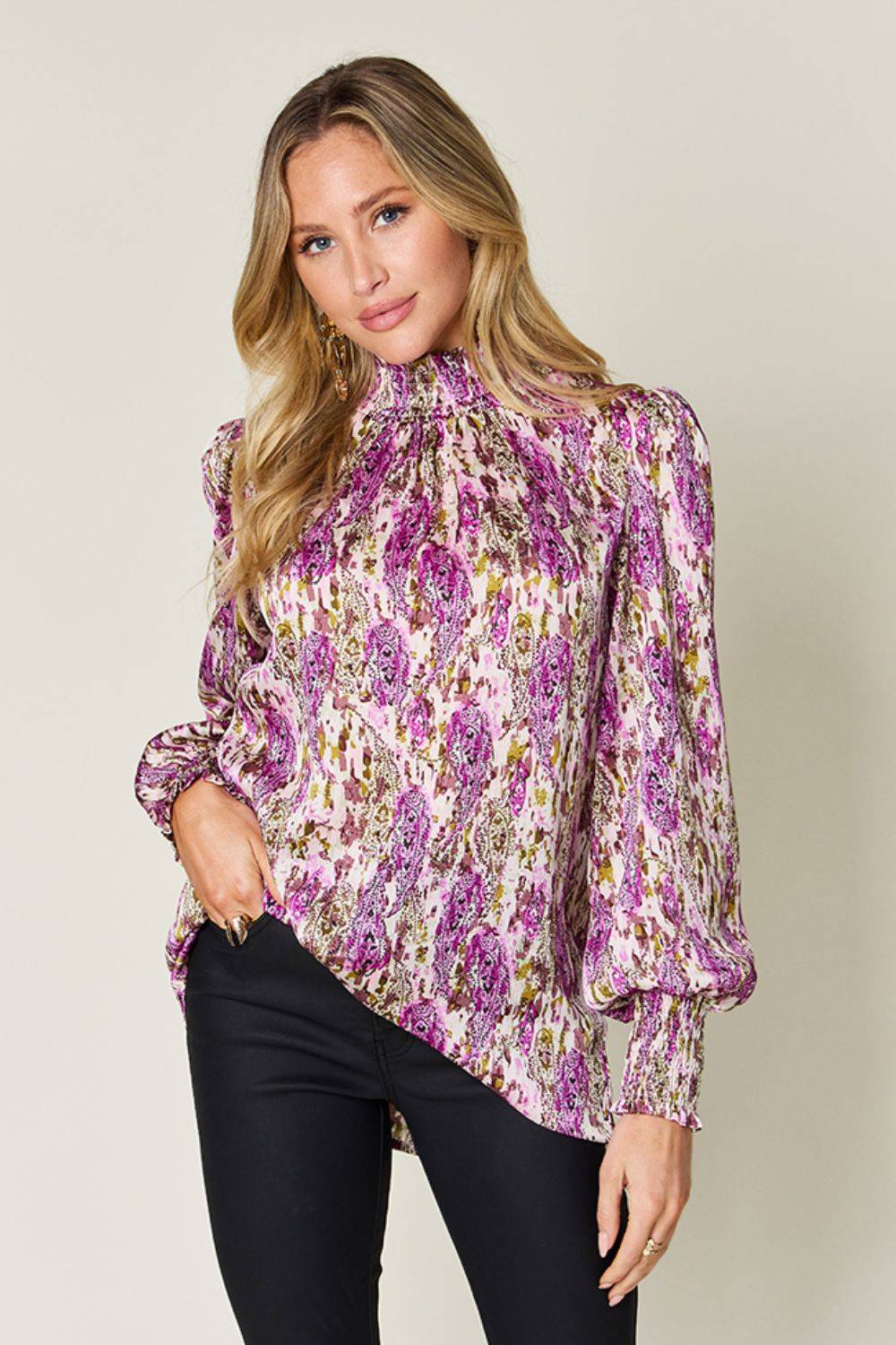 Double Take Full Size Printed Smocked Long Sleeve Blouse - Clothes For Her Online Store