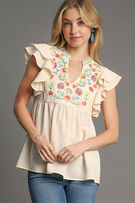 Umgee Full Size Embroidery Notched Double Ruffle Sleeve Blouse Plus Size - Clothes For Her Online Store