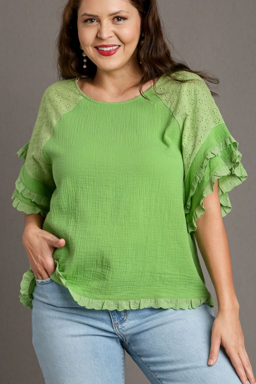 Umgee Full Size Cotton Gauze Round Neck Ruffle Eyelet Layered Sleeve Blouse Plus Size - Clothes For Her Online Store