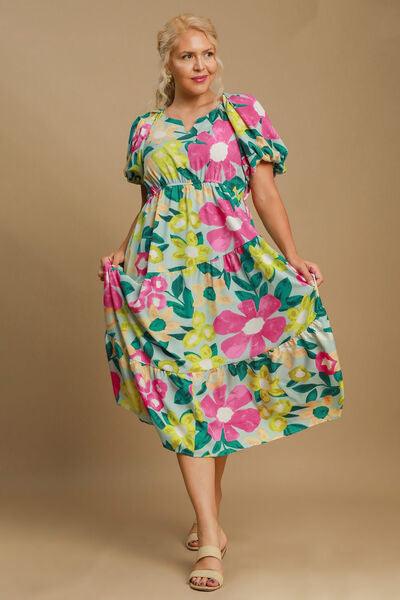 Umgee Full Size Tiered Floral Print Notched Puff Sleeve Midi Dress Plus Size - Clothes For Her Online Store