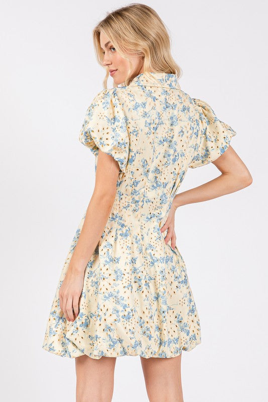 GeeGee Floral Eyelet Zipper Front Puff Sleeve Mini Dress - Clothes For Her Online Store