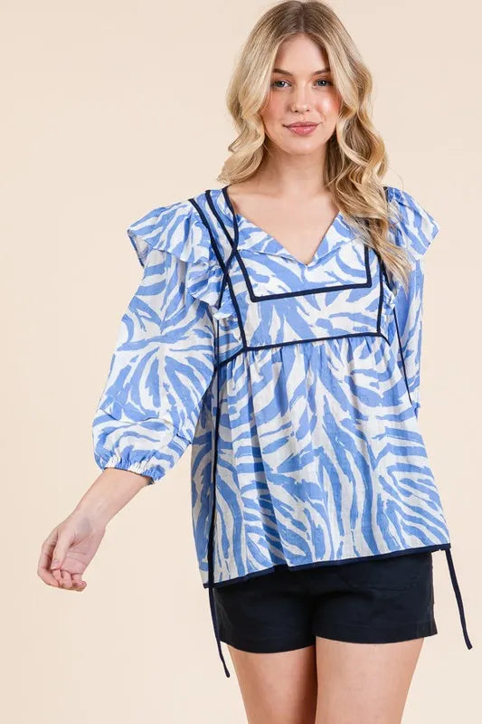 Lime 'N' Chili Graphic Print Solid Trim Quarter Sleeve Blouse