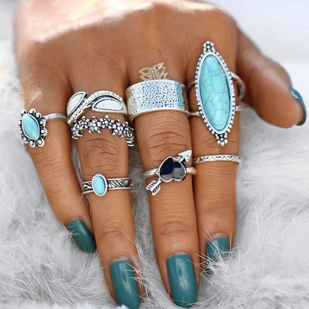 Turquoise Alloy 8-Piece Ring Set - Clothes For Her Online Store