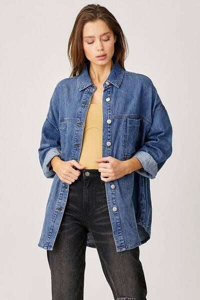 RISEN Button Up Drop Shoulder Denim Shacket - Clothes For Her Online Store