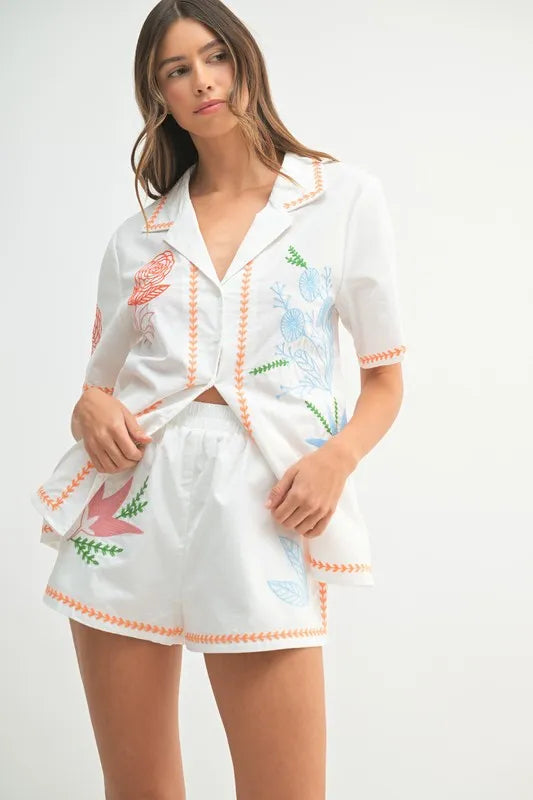 MABLE Embroidered Button Down Shirt and Shorts Set - Clothes For Her Online Store