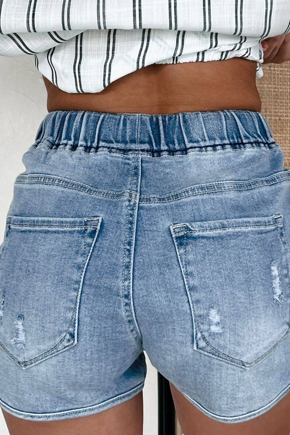 Drawstring High Waist Distressed Denim Shorts - Clothes For Her Online Store