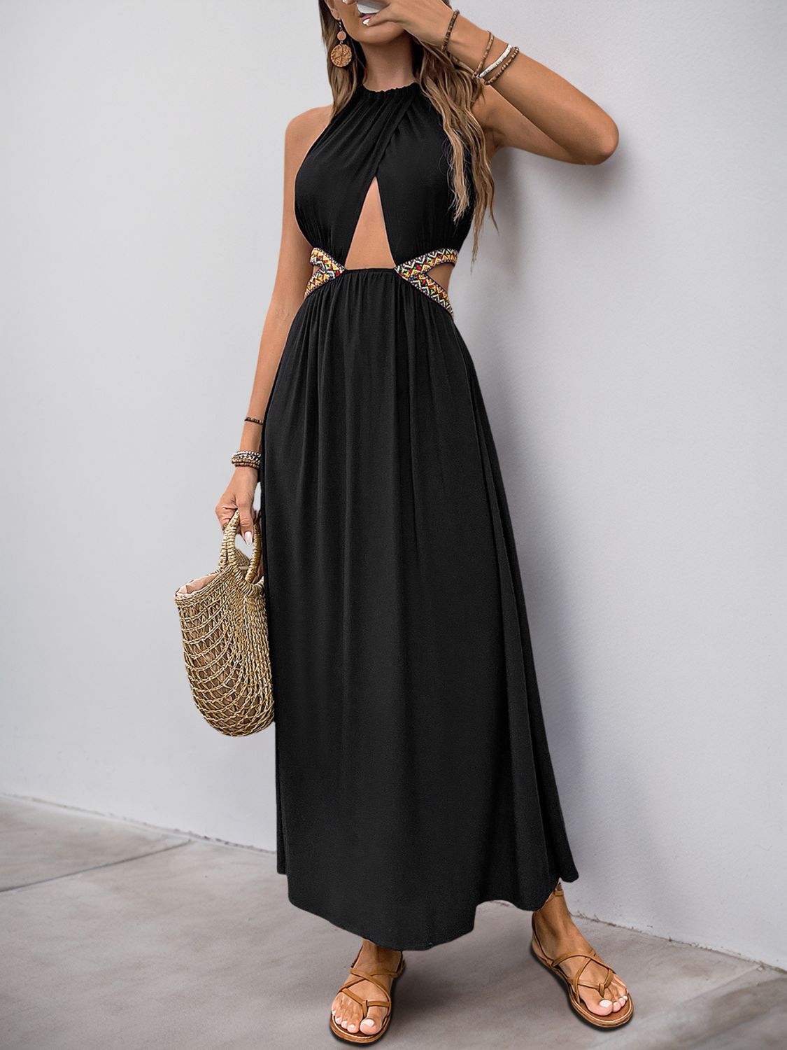 Perfee Cutout Grecian Neck Tied Back Dress