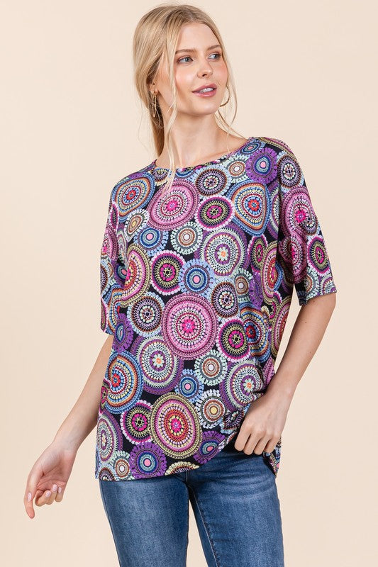 BOMBOM Printed Round Neck Half Sleeve Top - Clothes For Her Online Store