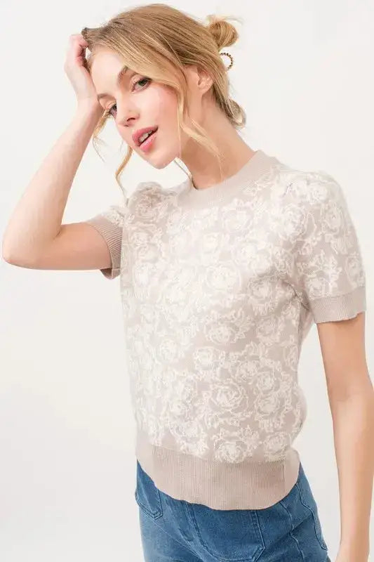 And The Why Short Sleeve Rose Pattern Knit Top - Clothes For Her Online Store
