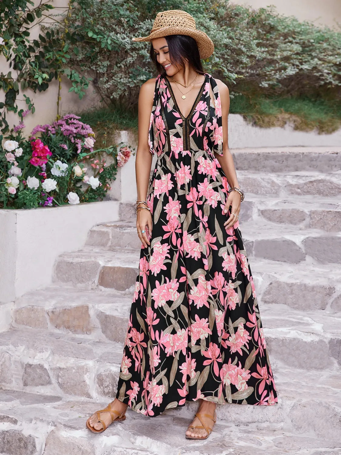 Printed V-Neck Tie Shoulder Dress