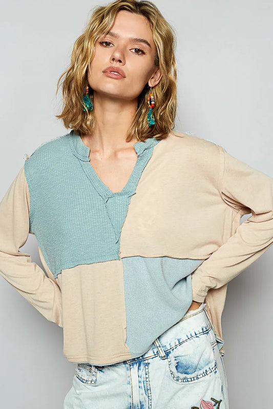 POL Color Block Notched Long Sleeve T-Shirt