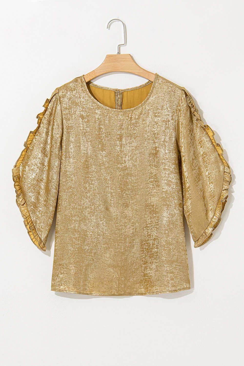 Metallic Luster Round Neck Frill 3/4 Sleeve Blouse