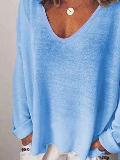 Full Size V-Neck Drop Shoulder Long Sleeve T-Shirt Plus Size