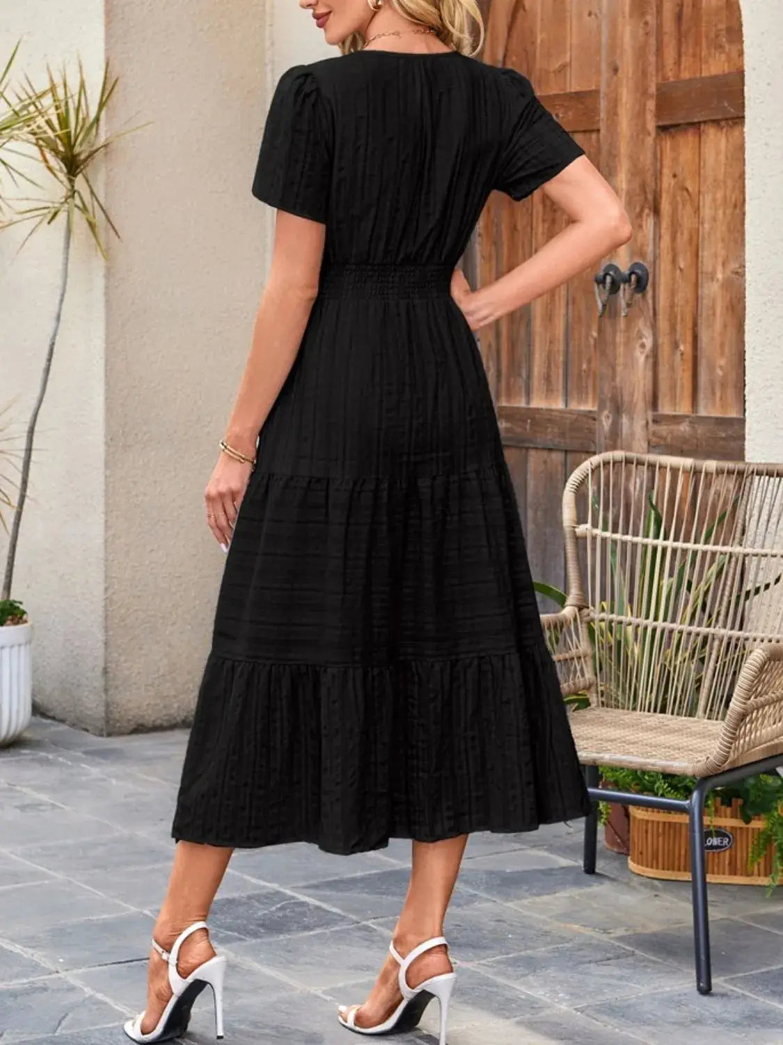 Tiered Notched Short Sleeve Dress - Clothes For Her Online Store