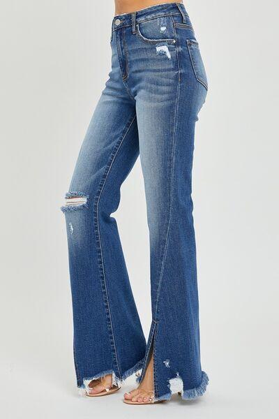 RISEN Full Size High Rise Front Slit Frayed Hem Flare Jeans - Clothes For Her Online Store