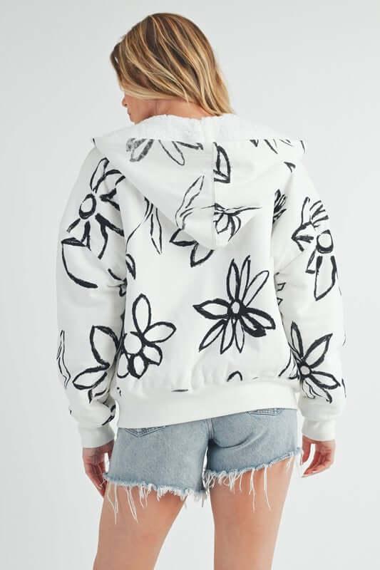 Aemi + Co Flower Print Zip Up Sherpa Hoodie