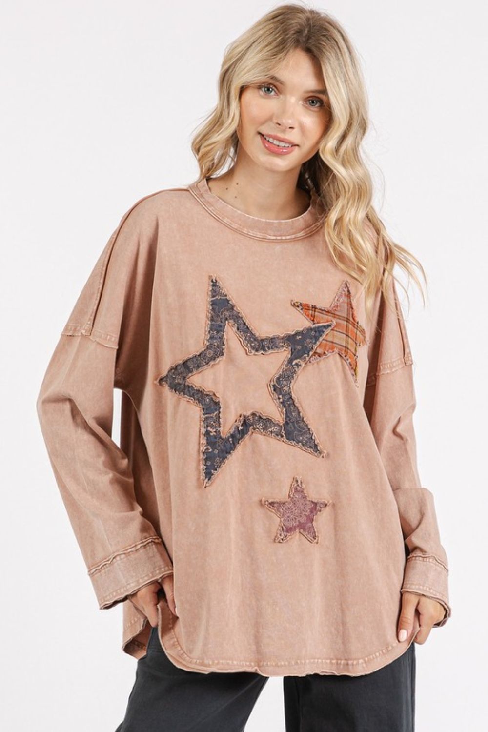 Mittoshop Mineral Wash Star Patch Long Sleeve T-Shirt - Clothes For Her Online Store