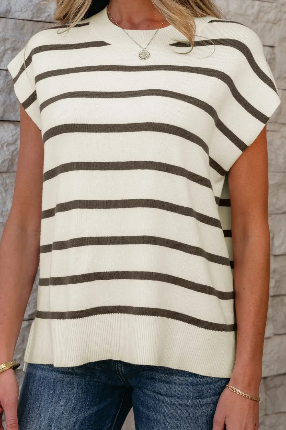Stripe Side Slits Crewneck Sweater Vest - Clothes For Her Online Store