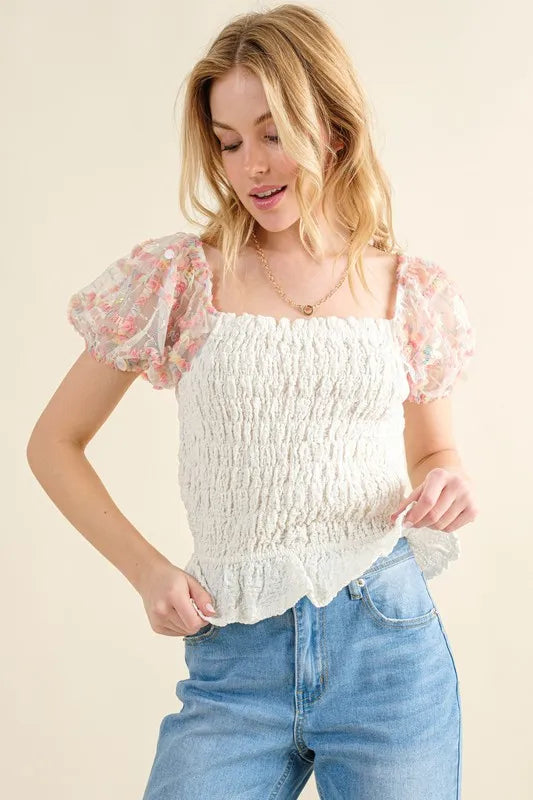 And The Why Embellishment Sleeve Smocked Top